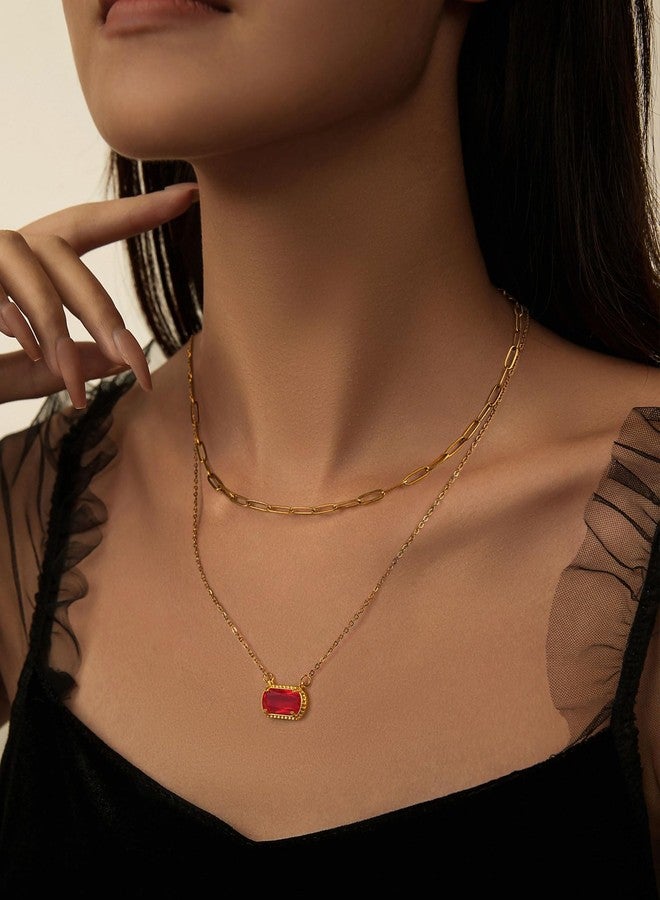 Lourny Gemstone Birthstone Pendant Layered Necklace for Women Trendy, 18K Gold Plated Paperclip Chain Preppy Choker Charm Necklace for Women Wife Jewelry (Red) - Image 3